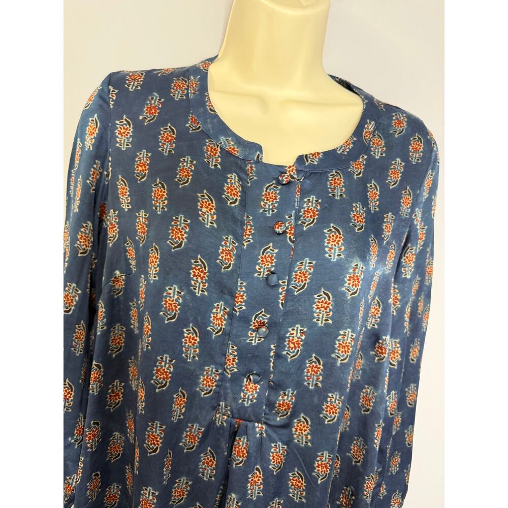FOLKSONG Tunic Top Blue Floral Block Print Long Sleeve Boho Blouse Sz M - Picture 3 of 16
